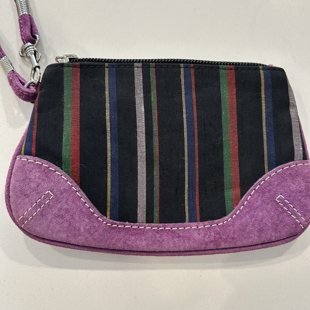 Marmi Purple Suede Leather Black Fabric Stripe Wallet Wristlet Detach Strap Coin
